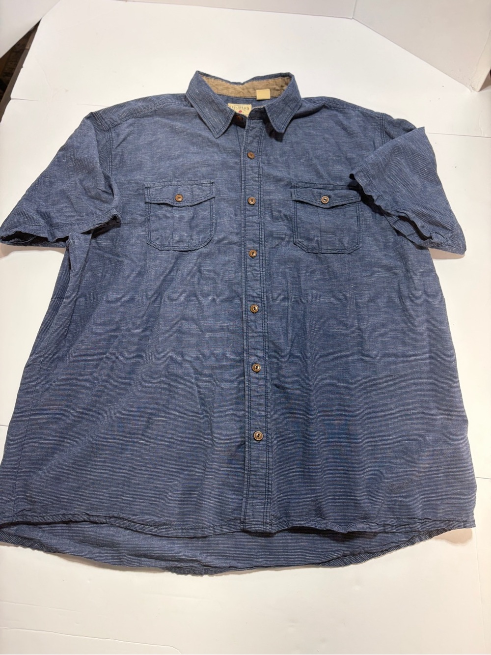 RedHead Brand Co Men XL Blue Micro Stripe Linen Cotton Short Sleeve Button-down